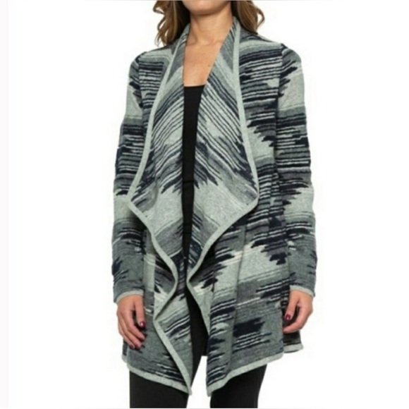 Women’s Lucky Brand Aztec Drape Front Waterfall Cardigan Sweater Gray Navy Small - Picture 2 of 7